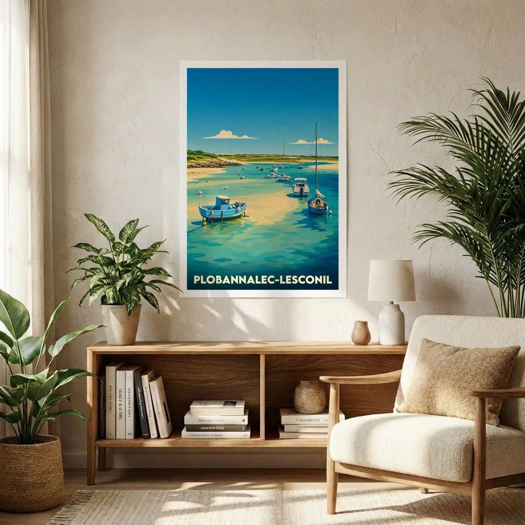 Affiche souvenir de la ville de Plobannalec-Lesconil illustrant des bateaux de pêche sur une eau turquoise.
