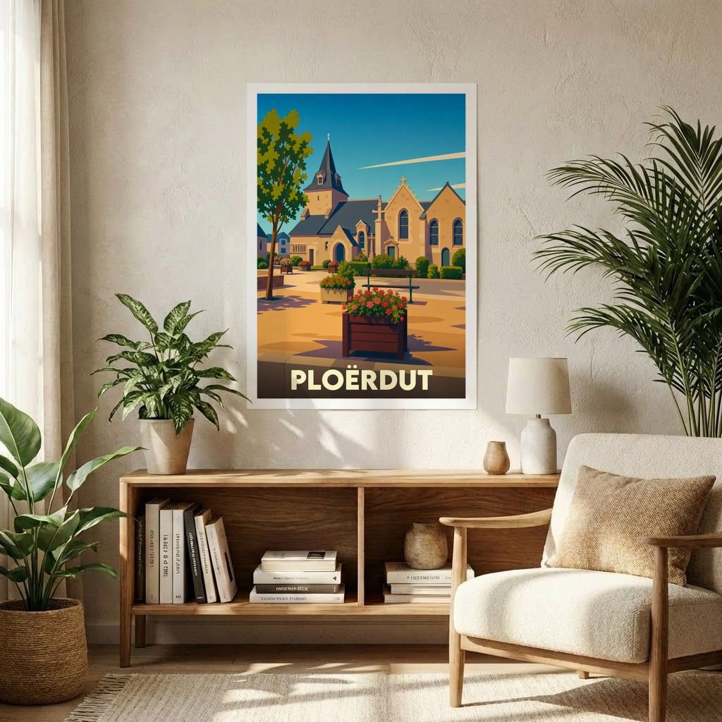 Affiche souvenir de la ville de Ploërdut avec une illustration stylisée de son église et de sa place fleurie.