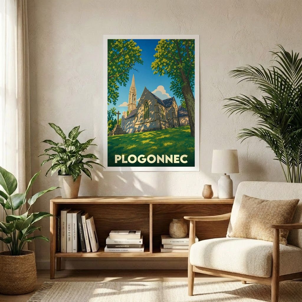 Affiche souvenir de la ville de Plogonnec avec une illustration stylisée d'une église bretonne.