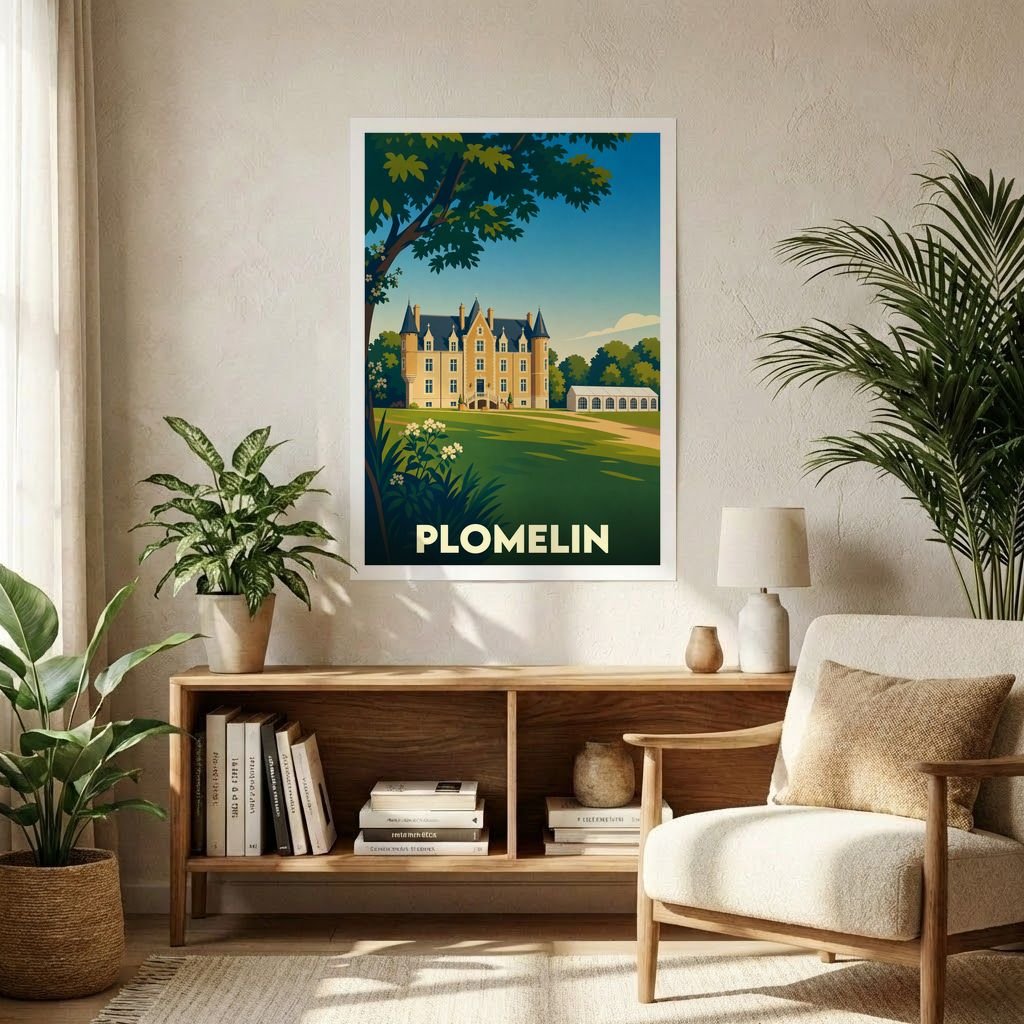 Affiche souvenir grand format de la ville de Plomelin avec une illustration stylisée d'un château.