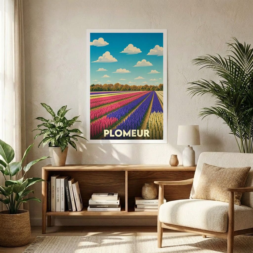 Affiche souvenir de la ville de Plomeur représentant des champs de fleurs colorés sous un ciel bleu parsemé de nuages.
