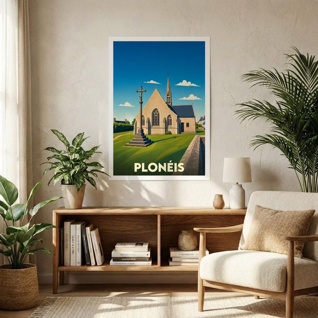 Affiche souvenir de la ville de Plonéis représentant son église et son calvaire dans un style graphique épuré.