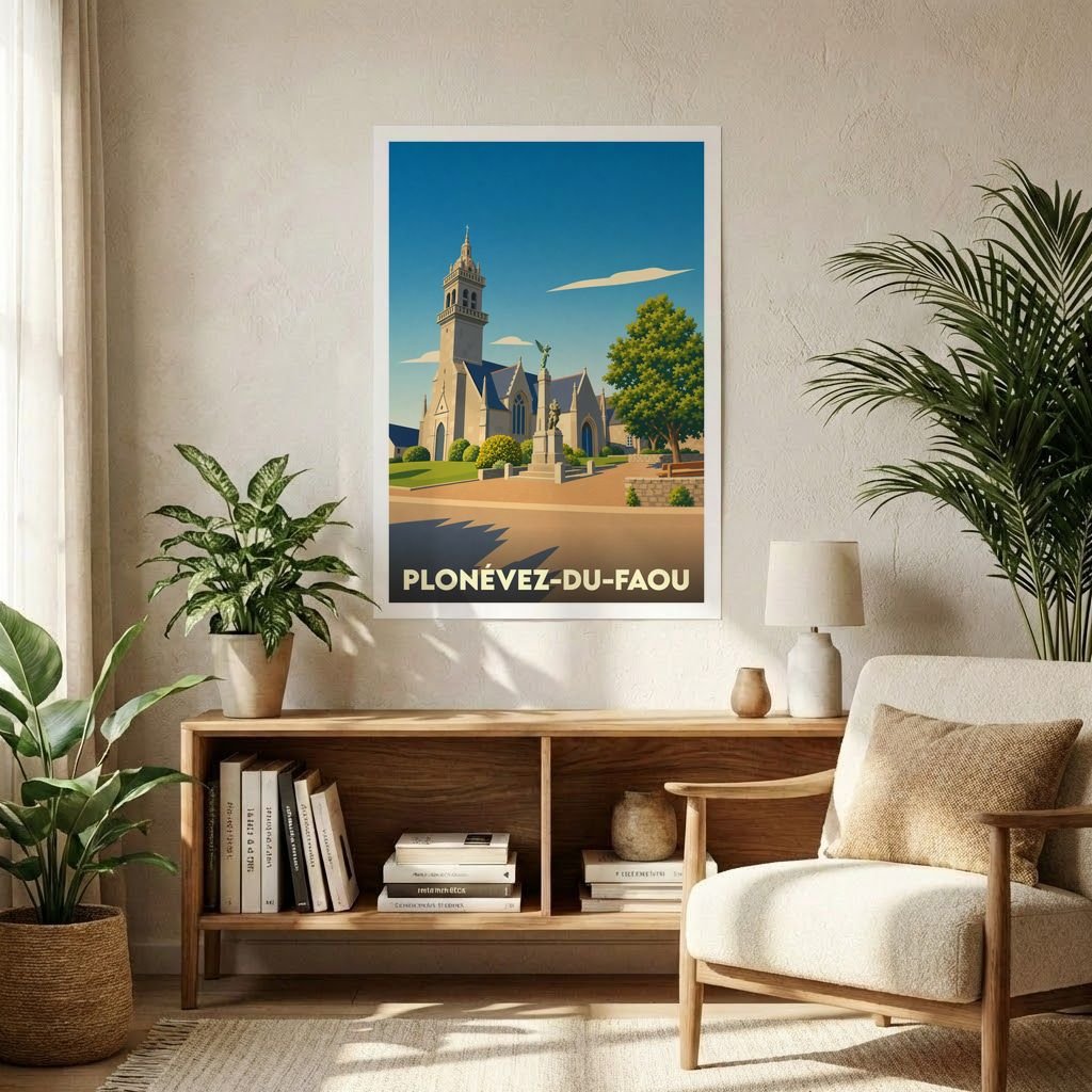 Affiche souvenir de la ville de Plonévez-du-Faou avec une illustration stylisée de son église et de sa place.