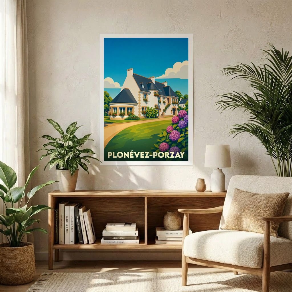 Affiche souvenir de la ville de Plonévez-Porzay avec une illustration colorée et stylisée de l'architecture locale.
