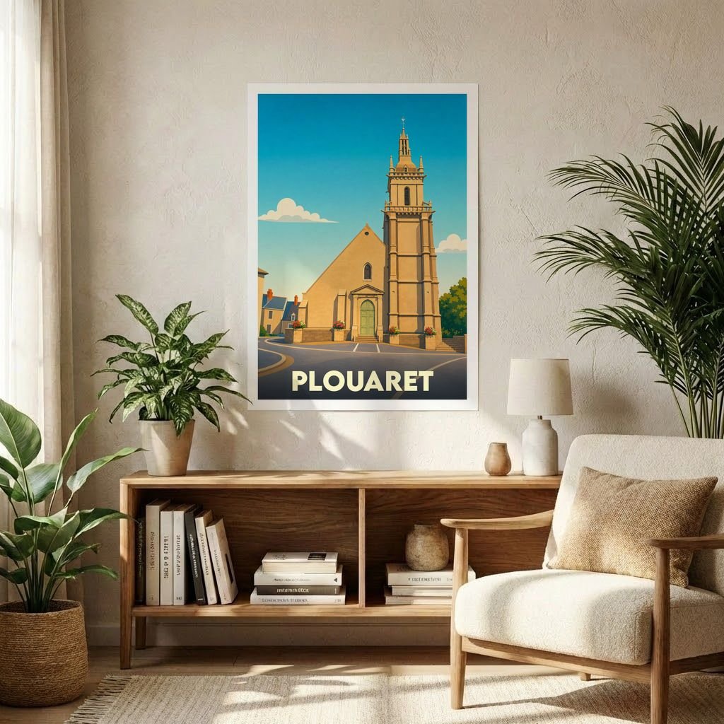Affiche souvenir de la ville de Plouaret avec une illustration stylisée de son église.