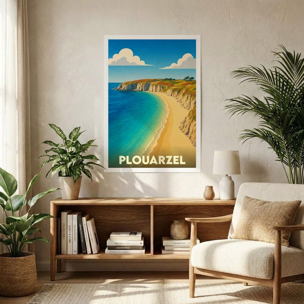 Affiche souvenir de la ville de Plouarzel avec une illustration stylisée de son littoral.