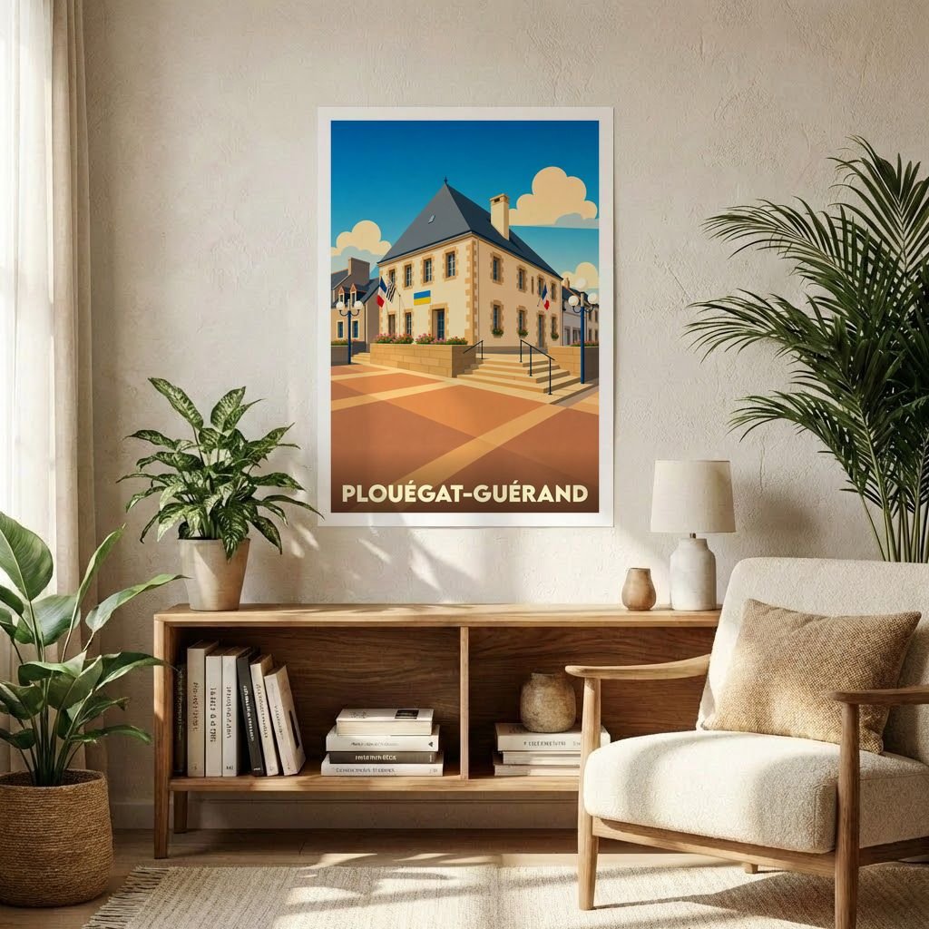 Affiche souvenir de la ville de Plouégat-Guérand avec une illustration stylisée de sa mairie.