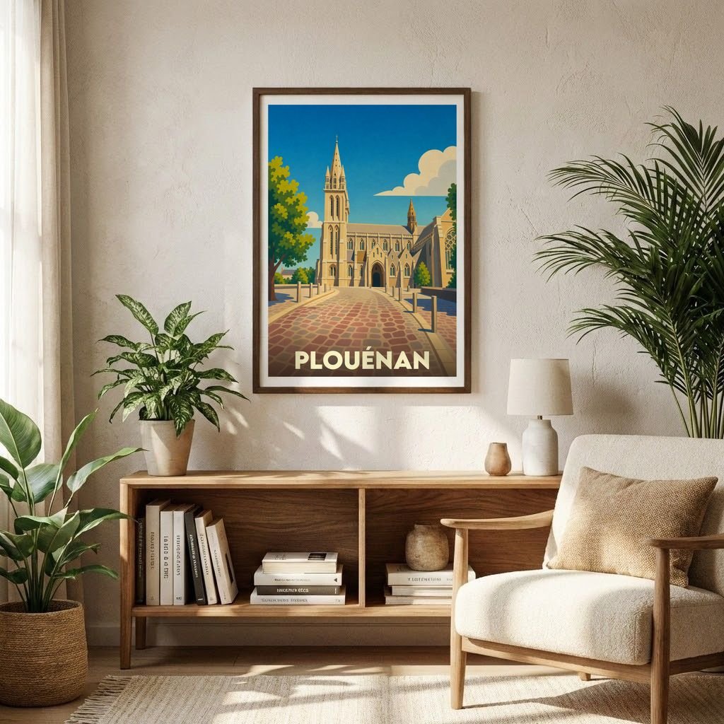Affiche souvenir de la ville de Plouénan avec une illustration stylisée de son église et de ses rues pavées.