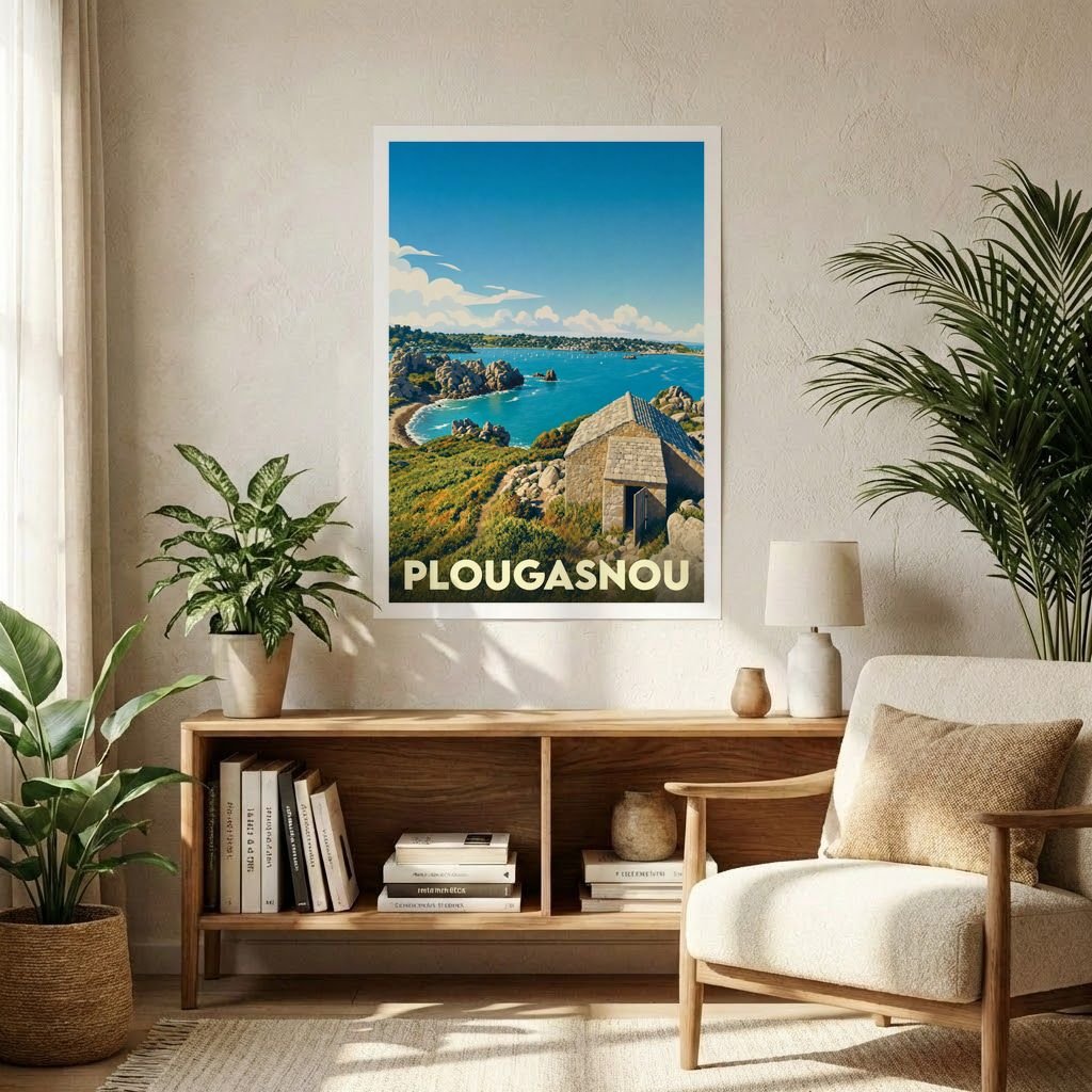 Affiche souvenir de la ville de Plougasnou présentant une illustration stylisée d'un paysage côtier avec une maison en pierre.