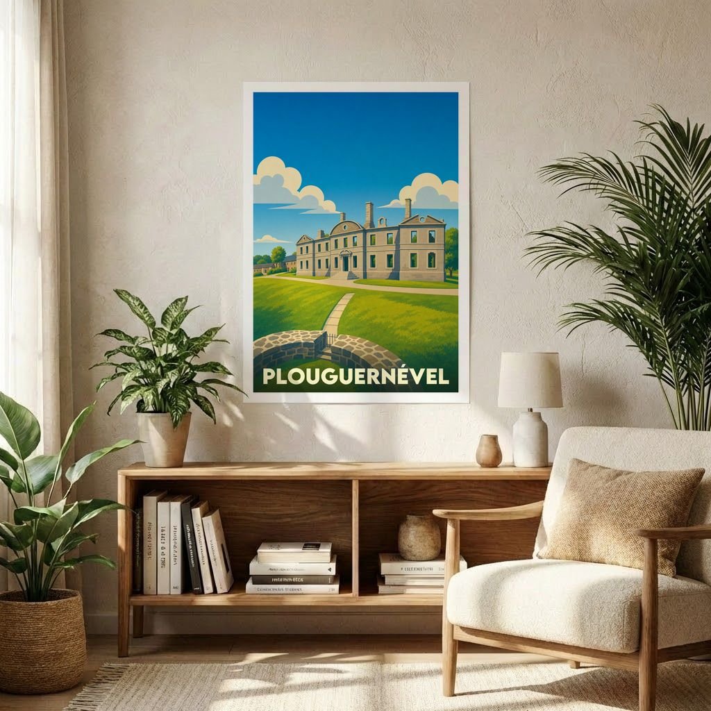 Affiche souvenir de la ville de Plouguernével avec une illustration stylisée d'un manoir breton.