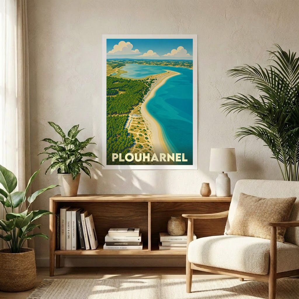 Affiche souvenir de la ville de Plouharnel avec une illustration stylisée vue du ciel.