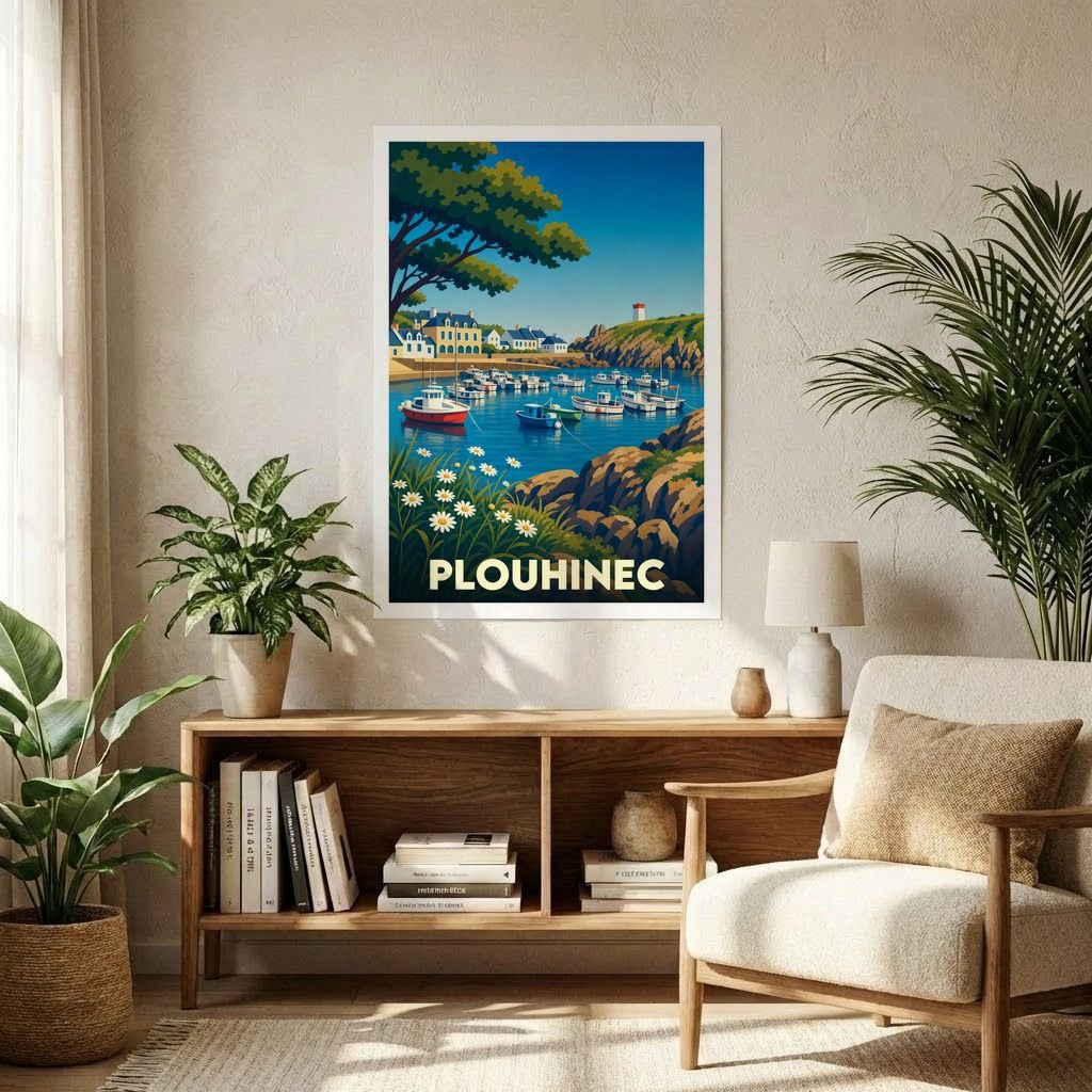 Affiche souvenir de la ville de Plouhinec avec une illustration stylisée d'un port de plaisance breton.