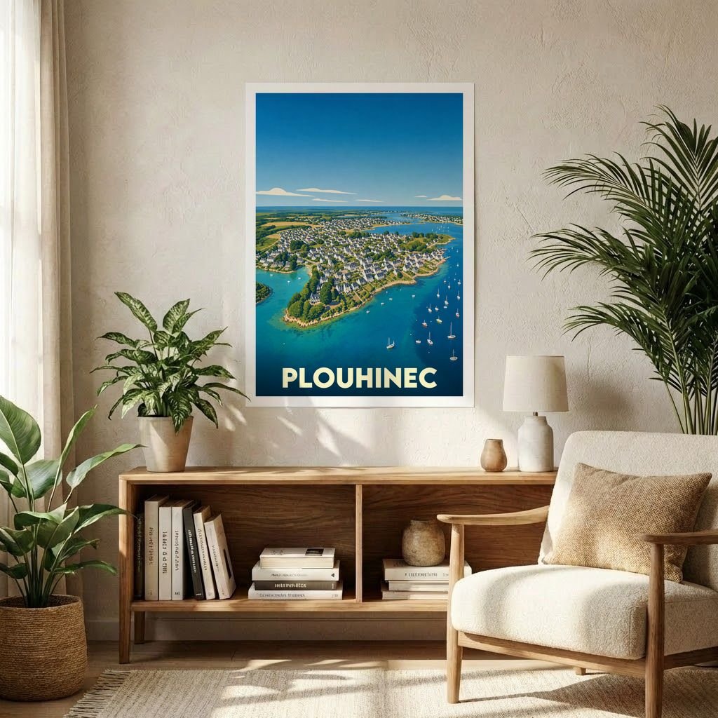 Affiche souvenir de la ville de Plouhinec présentant une vue aérienne stylisée de la côte bretonne.