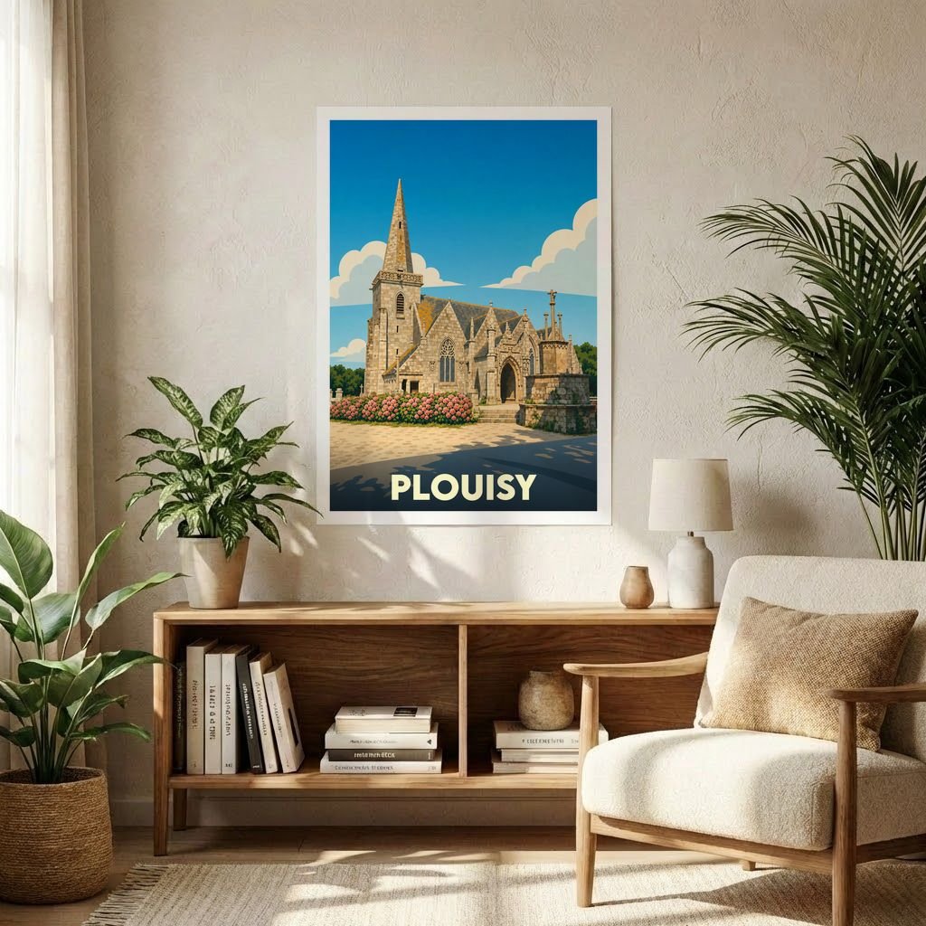 Affiche souvenir de la ville de Plouisy avec une illustration stylisée d'une église bretonne.