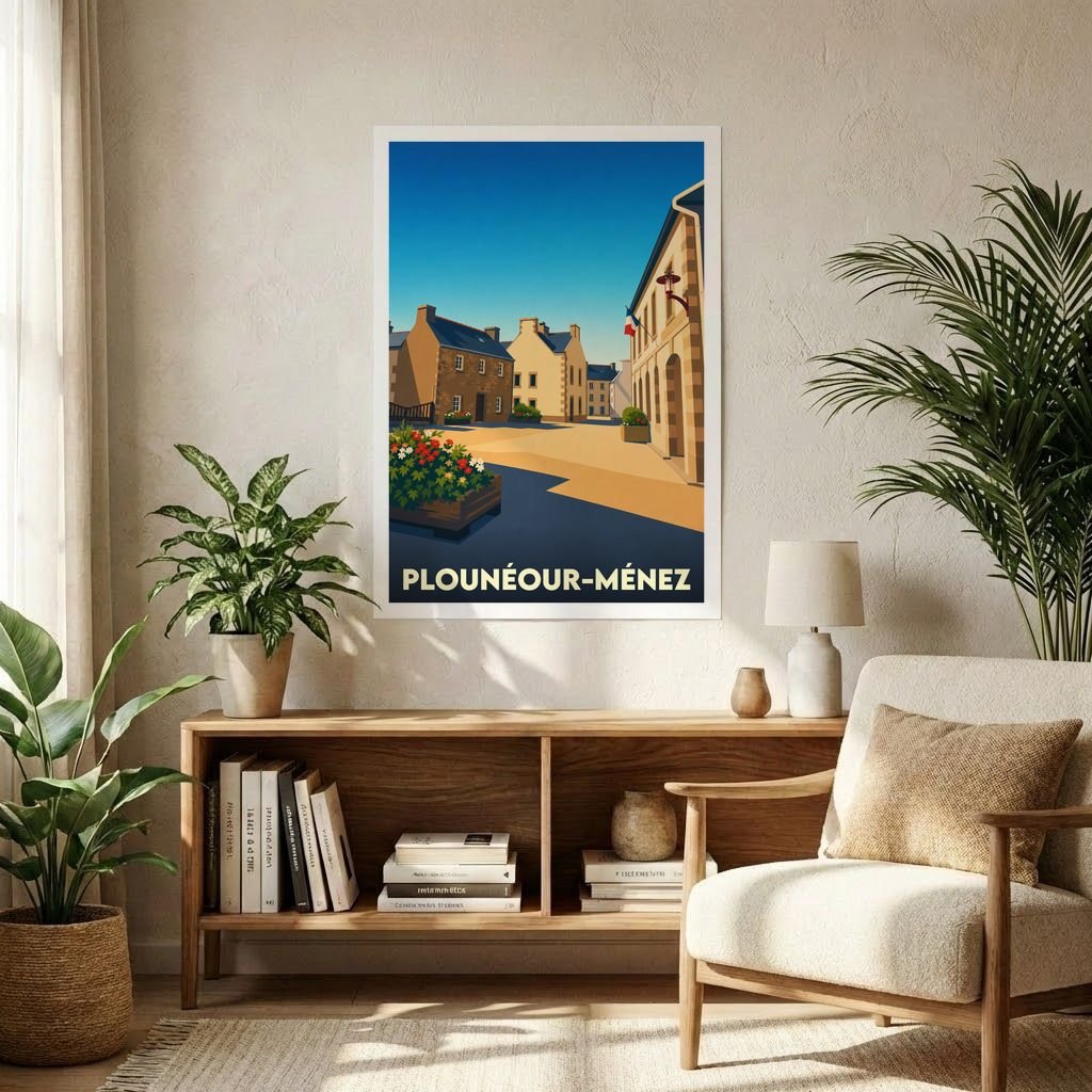 Affiche souvenir de la ville de Plounéour-Ménez avec une illustration stylisée d'une place ensoleillée.