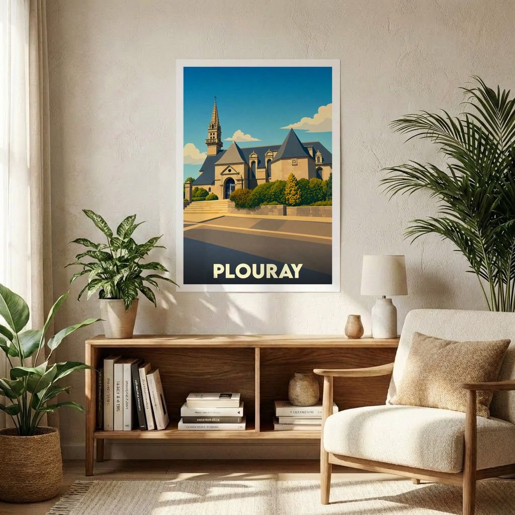 Affiche souvenir de la ville de Plouray avec une illustration stylisée de son église.