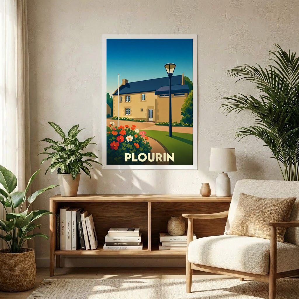 Affiche souvenir de la ville de Plourin avec une illustration stylisée d'une maison traditionnelle bretonne.