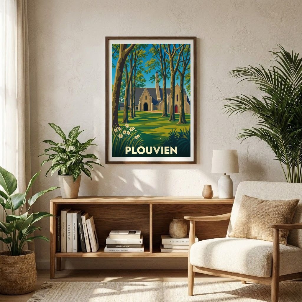 Affiche souvenir de la ville de Plouvien présentant une illustration stylisée d'un bâtiment historique au milieu des arbres.
