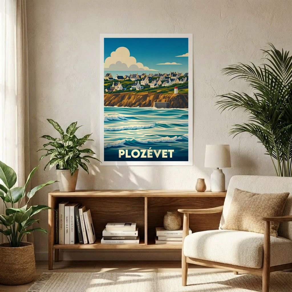 Affiche souvenir de la ville de Plozévet avec une illustration stylisée d'un village côtier breton.