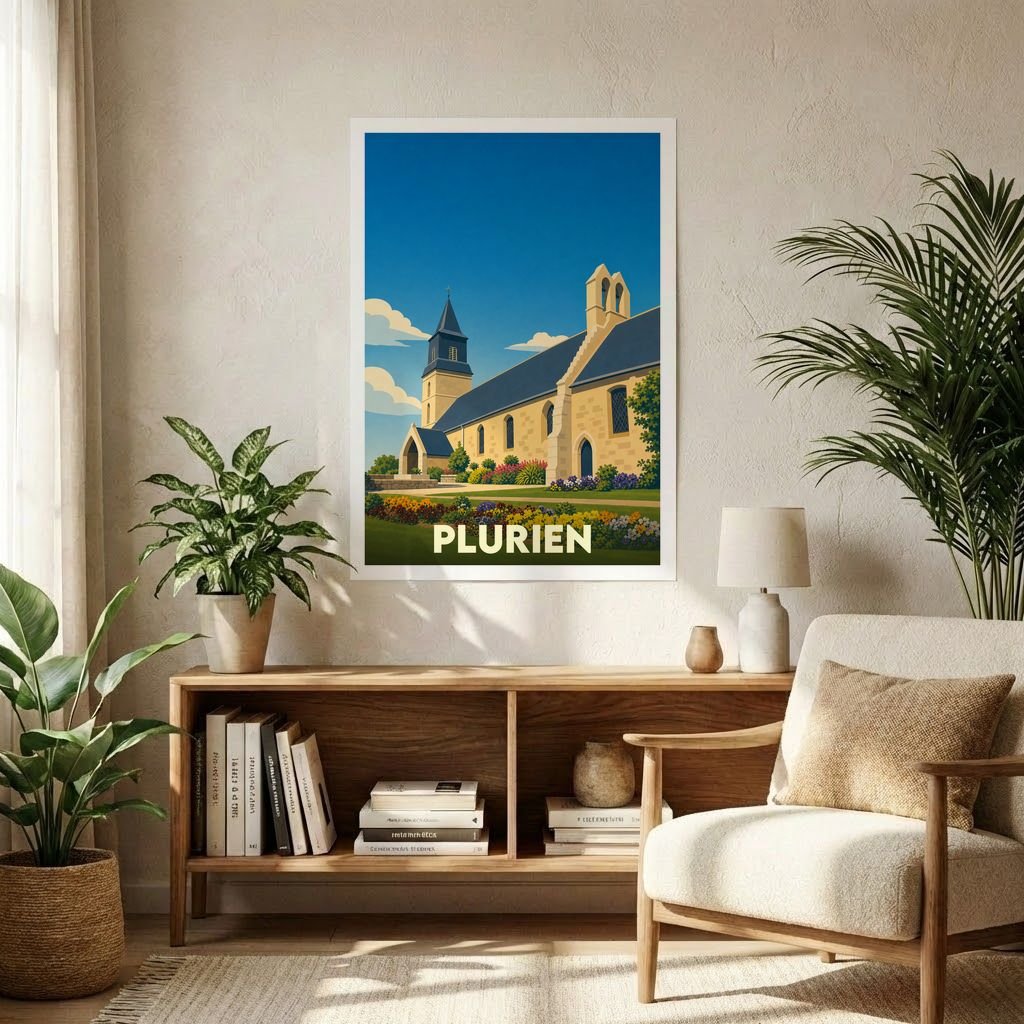 Affiche souvenir de la ville de Plurien avec une illustration stylisée de son église sous un ciel bleu.