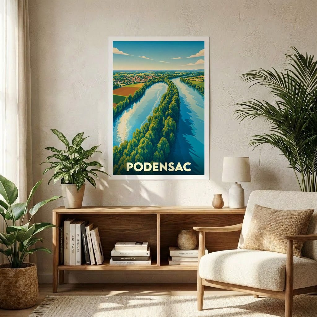 Affiche souvenir de la ville de Podensac représentant une vue aérienne stylisée du fleuve et de sa végétation.
