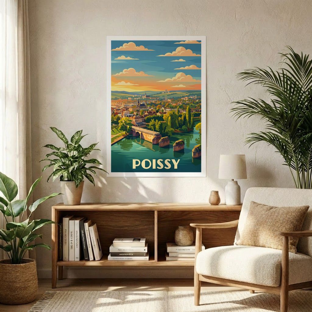 Affiche souvenir de la ville de Poissy avec une illustration stylisée de son pont historique.