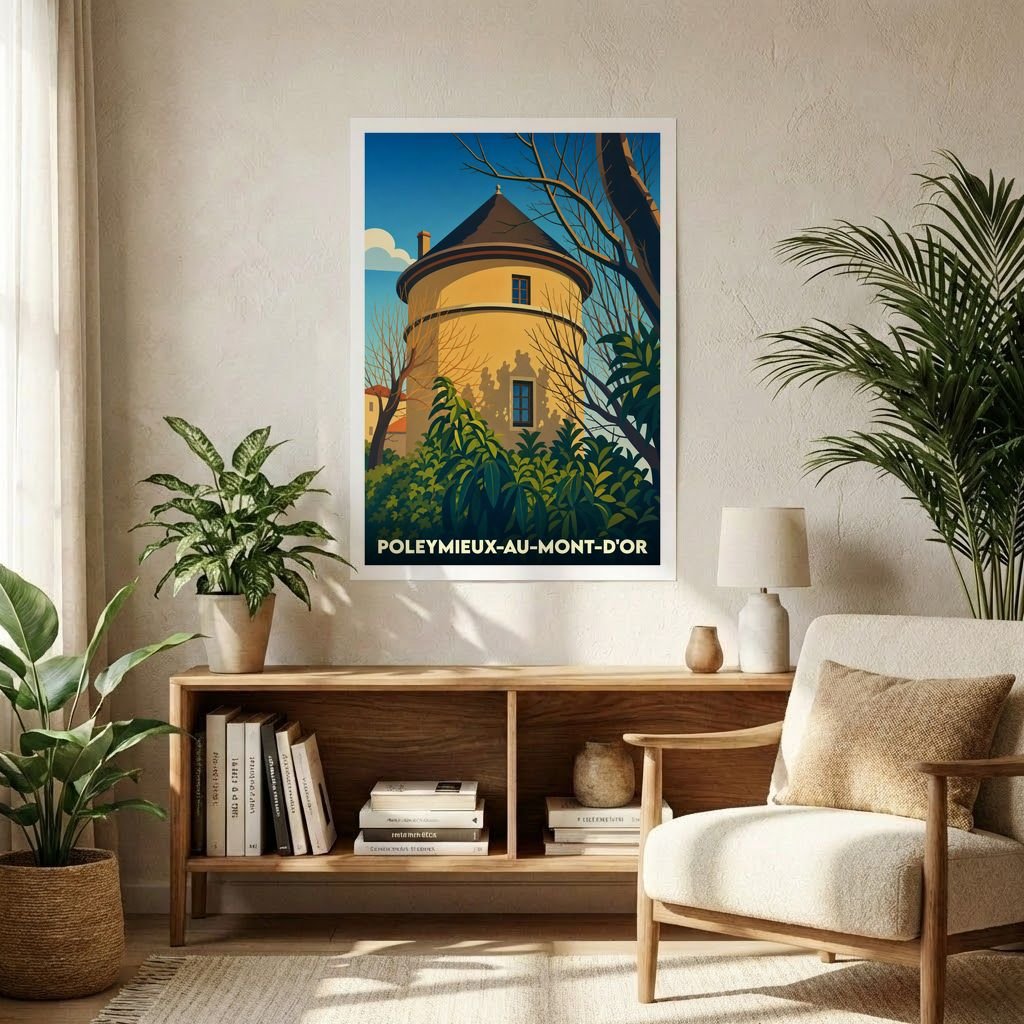 Affiche souvenir de la ville de Poleymieux-au-Mont-d'Or représentant une tour historique dans un style graphique épuré.