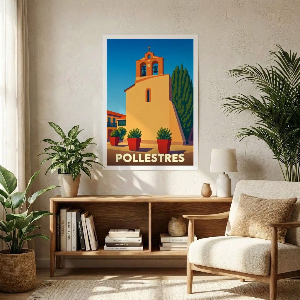 Affiche souvenir de la ville de Pollestres avec une illustration stylisée d'une église sous un ciel bleu.