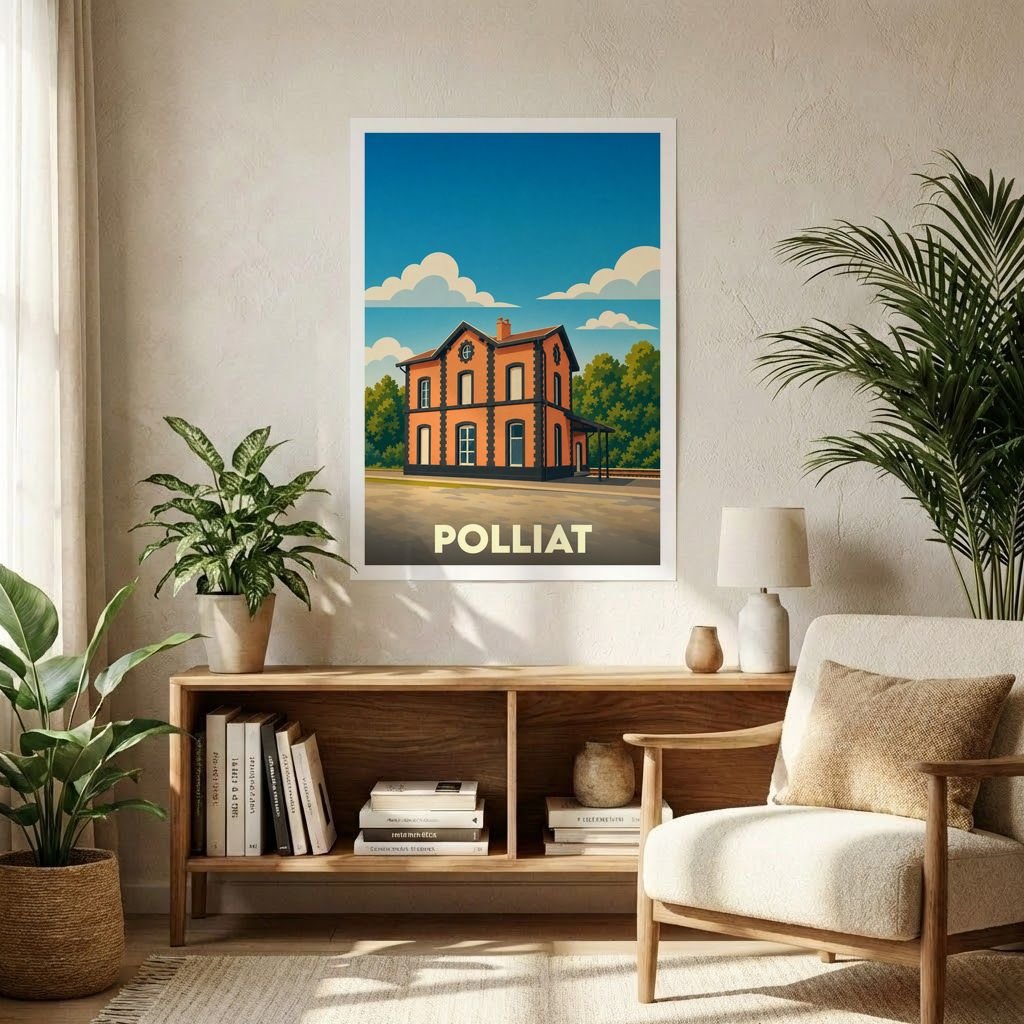 Affiche souvenir de la ville de Polliat avec une illustration stylisée d'un bâtiment emblématique.