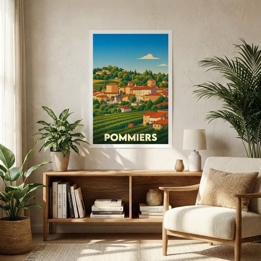 Affiche souvenir de la ville de Pommiers avec une illustration stylisée de ses paysages vallonnés et ses vignobles.