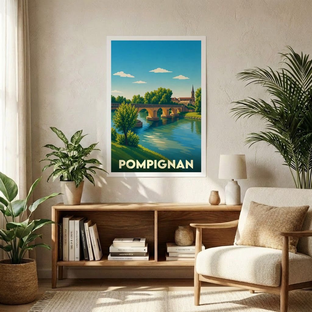 Affiche souvenir de la ville de Pompignan représentant une illustration stylisée d'un pont en pierre surplombant une rivière.