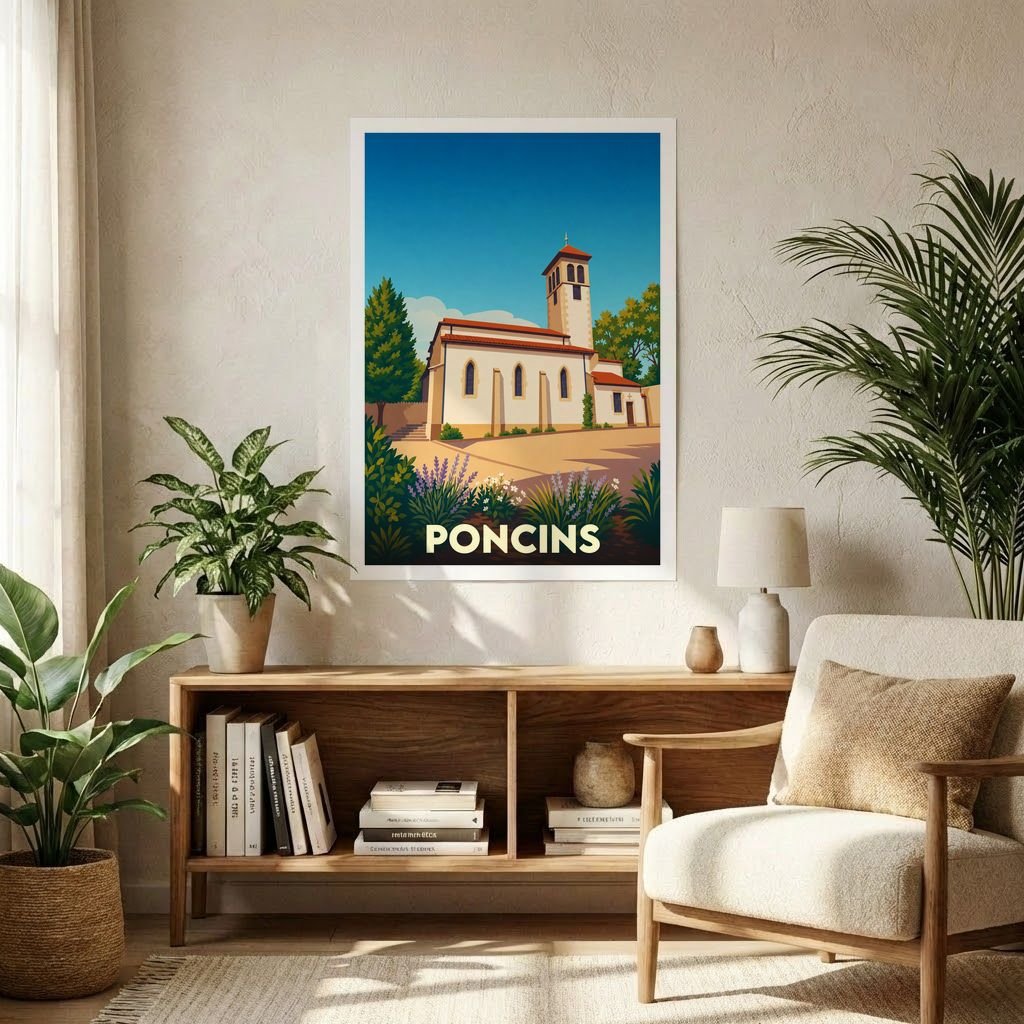 Affiche souvenir de la ville de Poncins avec une illustration stylisée de son église sous un ciel bleu.