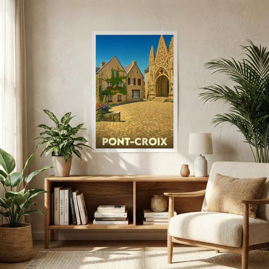 Affiche souvenir de la ville de Pont-Croix avec une illustration stylisée d'une place ensoleillée et de son église gothique.