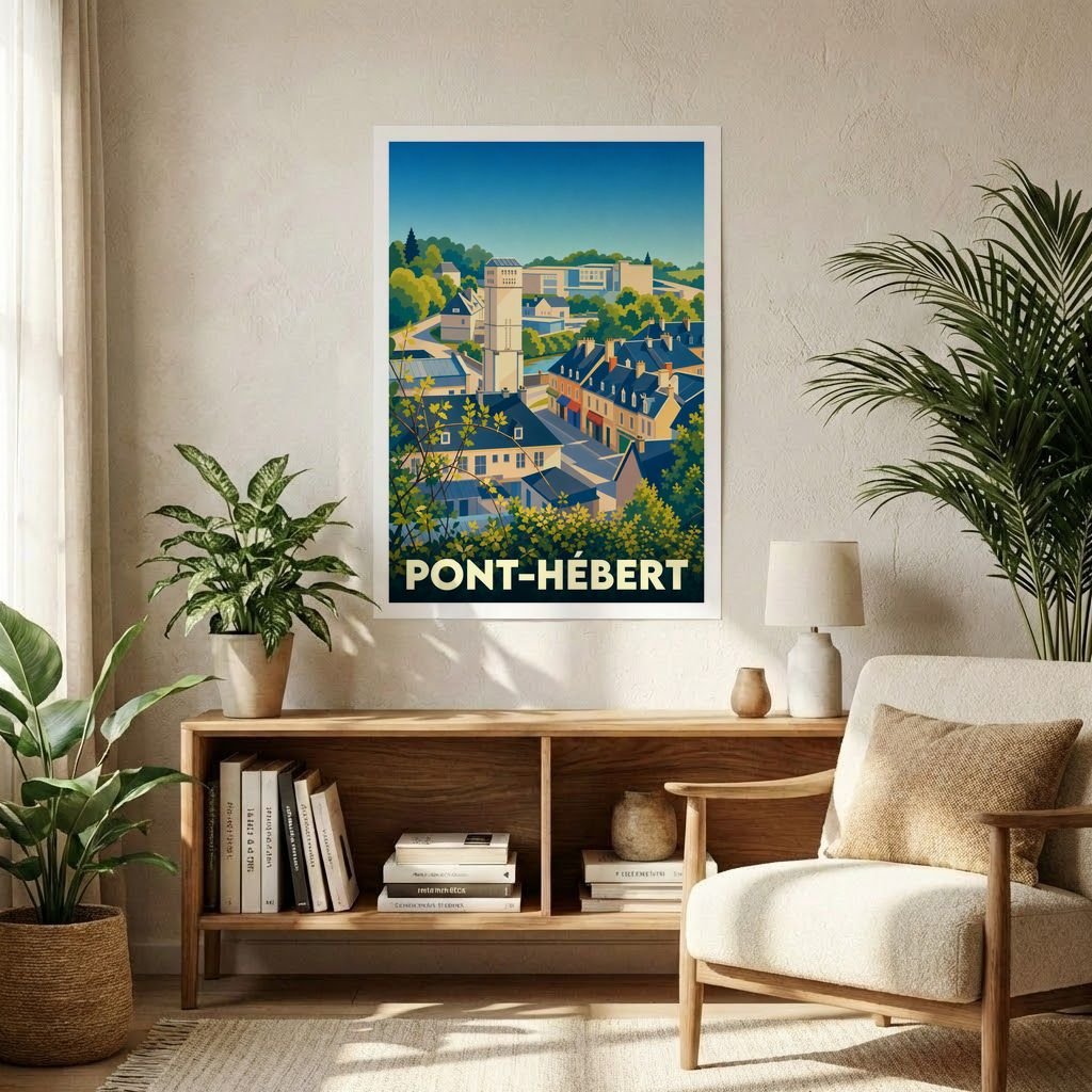Affiche souvenir de la ville de Pont-Hébert avec une illustration stylisée et colorée.