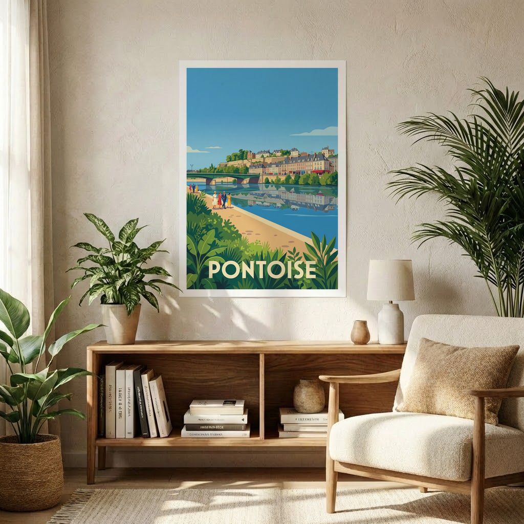 Affiche souvenir de la ville de Pontoise avec une illustration stylisée.