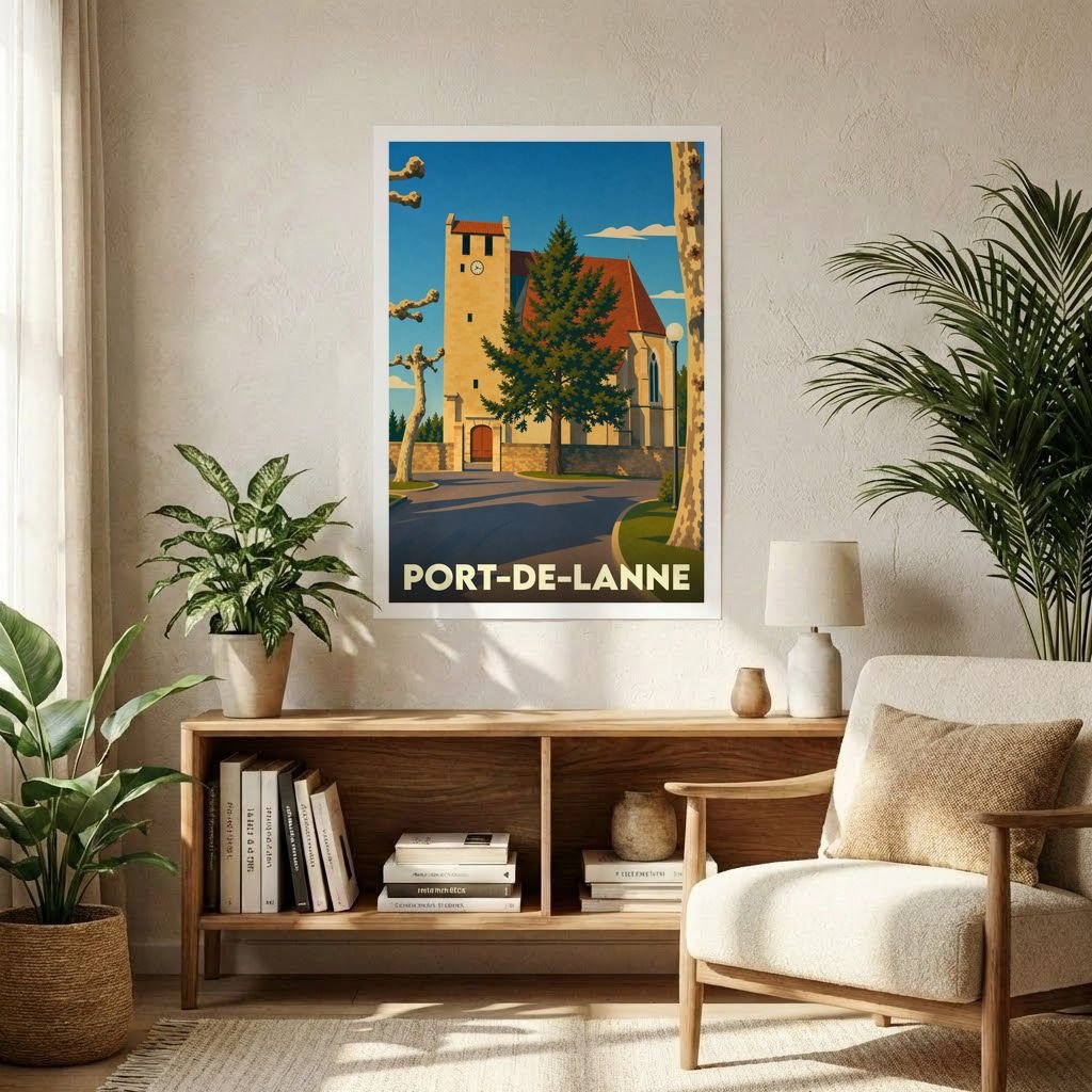 Affiche souvenir de la ville de Port-de-Lanne illustrant son église dans un style rétro et coloré.