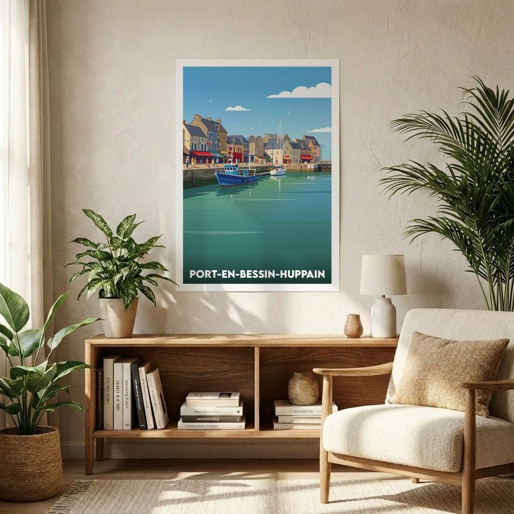 Affiche souvenir de la ville de Port-en-Bessin-Huppain avec une illustration stylisée de son port.