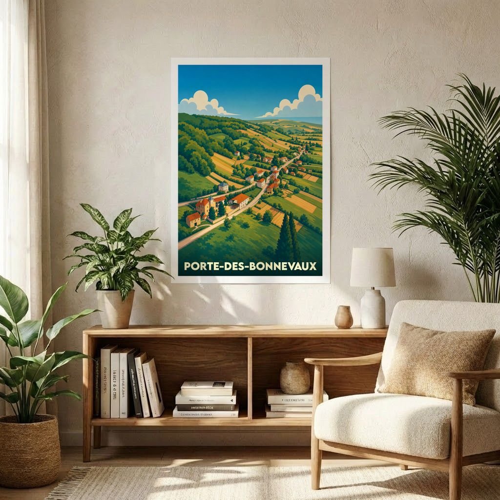 Affiche souvenir de la ville de Porte-des-Bonnevaux représentant une illustration stylisée de sa vallée verdoyante.