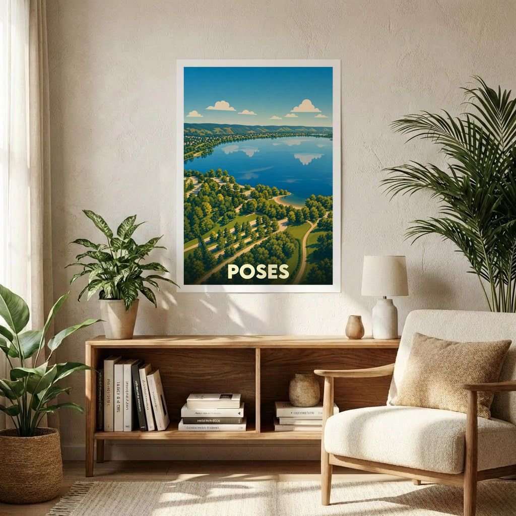 Affiche souvenir de la ville de Poses avec une illustration stylisée de son lac et de sa verdure.