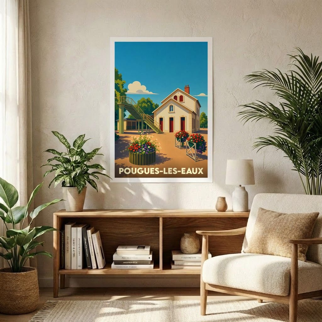 Affiche souvenir de la ville de Pougues-les-Eaux avec une illustration stylisée et colorée.