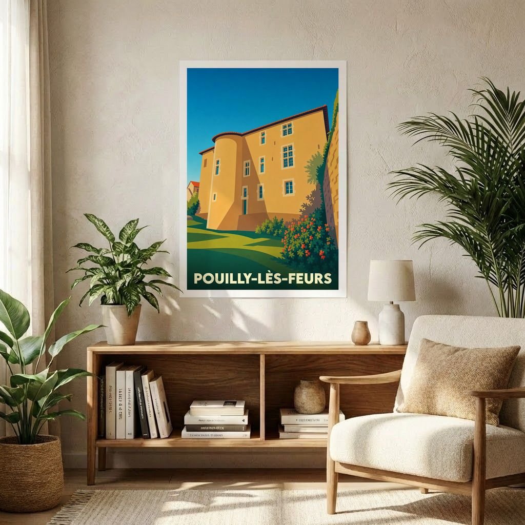 Affiche souvenir de la ville de Pouilly-lès-Feurs avec une illustration stylisée du château local.