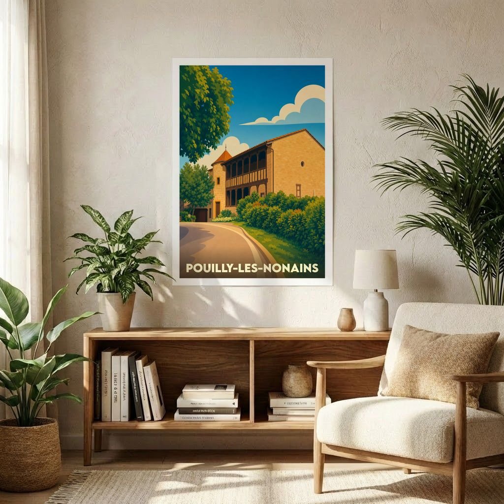 Affiche souvenir de la ville de Pouilly-les-Nonains avec une illustration stylisée d'un bâtiment historique sous un ciel azur.