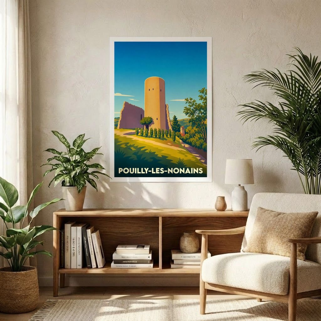 Affiche souvenir de la ville de Pouilly-les-Nonains avec une illustration stylisée d'une tour médiévale.