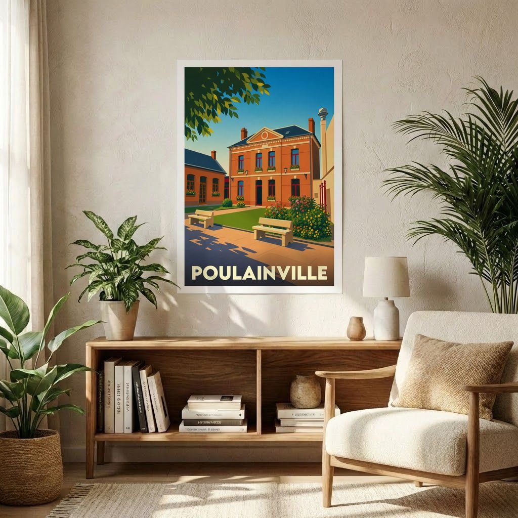 Affiche souvenir de la ville de Poulainville avec une illustration stylisée d'un bâtiment en briques et son jardin.