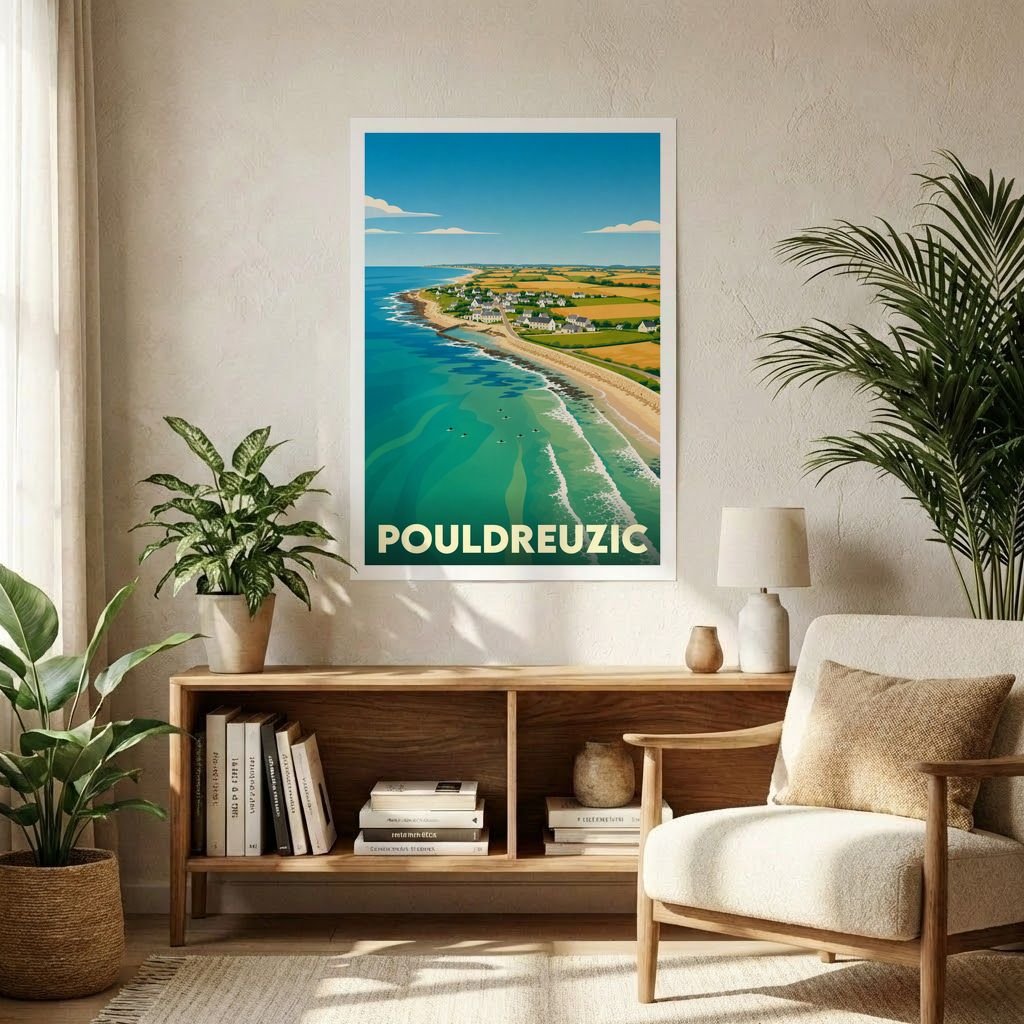 Affiche souvenir de la ville de Pouldreuzic illustrant son littoral avec un style graphique épuré.