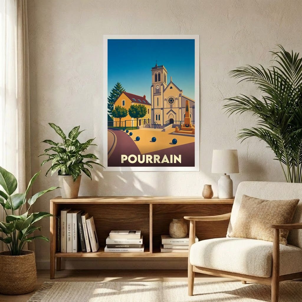 Affiche souvenir de la ville de Pourrain représentant l'église et la place du village dans un style graphique épuré.