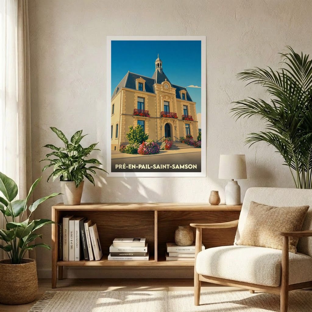 Affiche souvenir de la ville de Pré-en-Pail-Saint-Samson avec une illustration stylisée de son hôtel de ville.