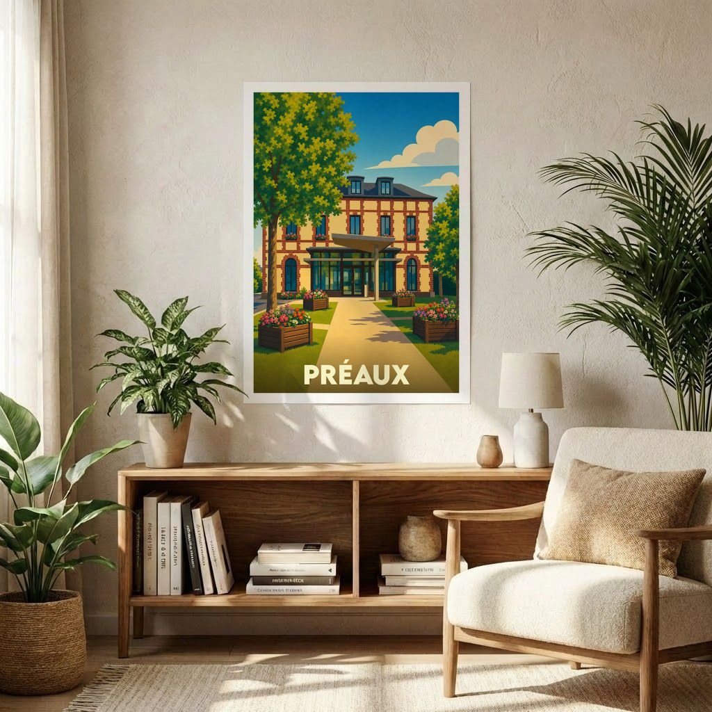 Affiche souvenir de la ville de Préaux avec une illustration stylisée d'un bâtiment remarquable entouré de verdure.