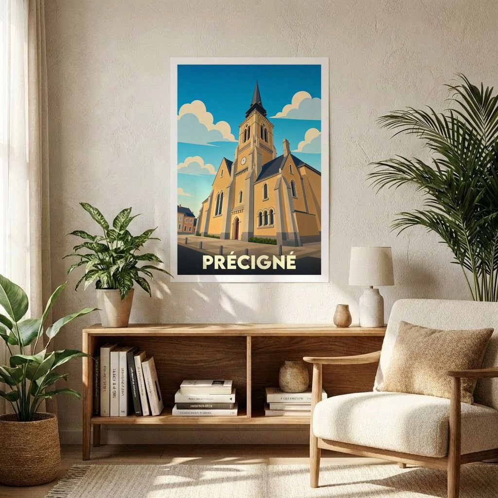 Affiche souvenir de la ville de Précigné illustrant son église dans un style graphique et coloré.