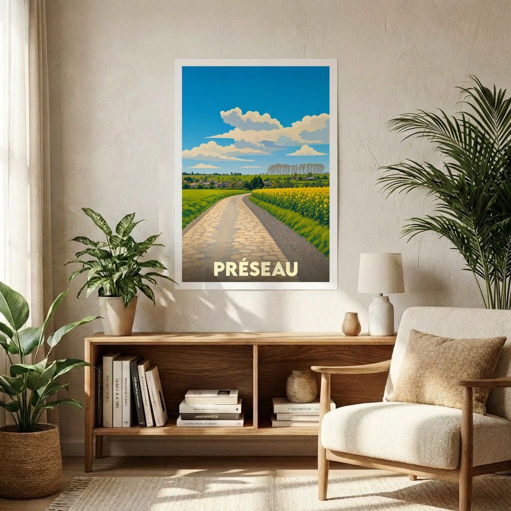 Affiche souvenir de la ville de Préseau avec une illustration stylisée de son paysage champêtre et de ses chemins pavés.